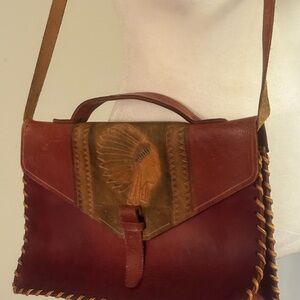 Vintage Leather Shoulder Bag with Native Design